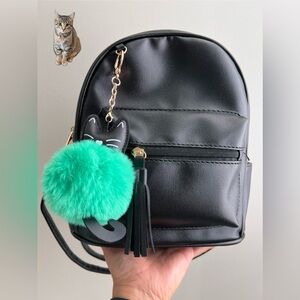 Black Mini Backpack with Green Pom Pom